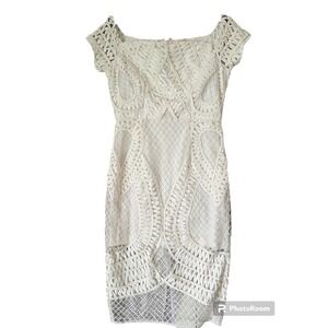THURLEY Women's White Mesh Embroidered Cap Sleeve Off Shoulder Midi‎ Dress JT01